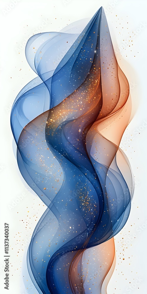 Poster a dynamic abstract composition featuring flowing waves in shades of blue and orange, sprinkled with 