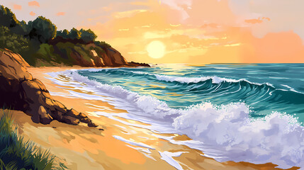 Serenely majestic indian ocean waves gently lap against the golden sandy shoreline of samudra beach at sunset, with. Beryl. Illustration