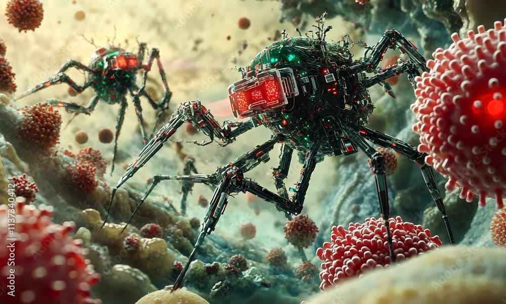 Aufkleber futuristic robots navigating a microscopic world filled with microorganisms.