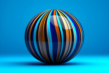 Colorful striped sphere with glossy surface on blue background showcasing vibrant patterns and intricate design elements