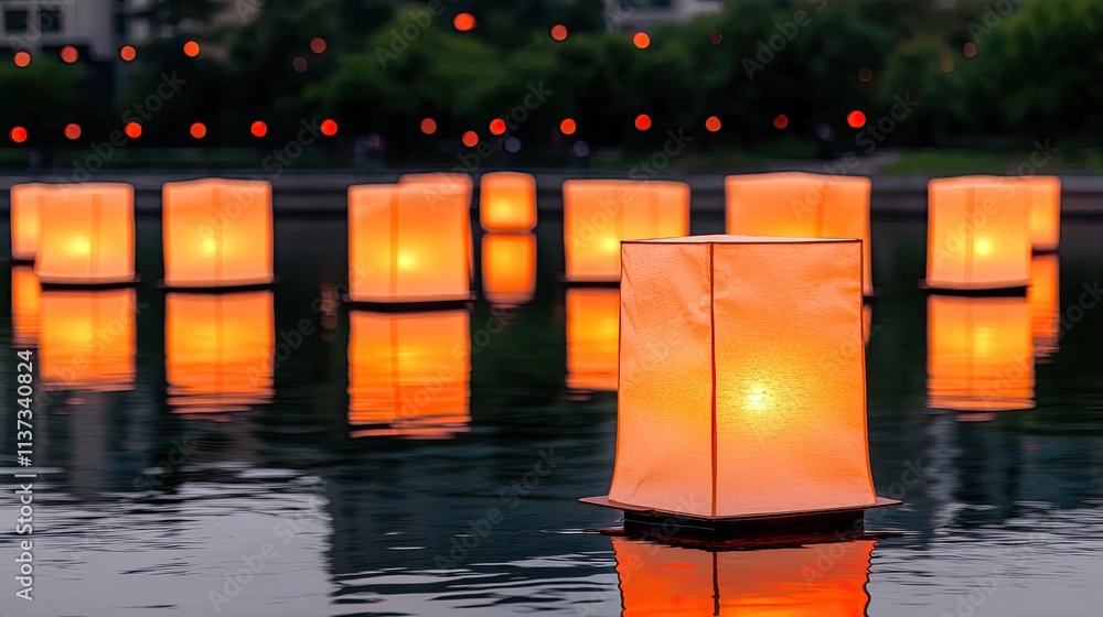 Poster Chinese lanterns concept. Serene floating lanterns illuminate the water in a tranquil setting during evening.