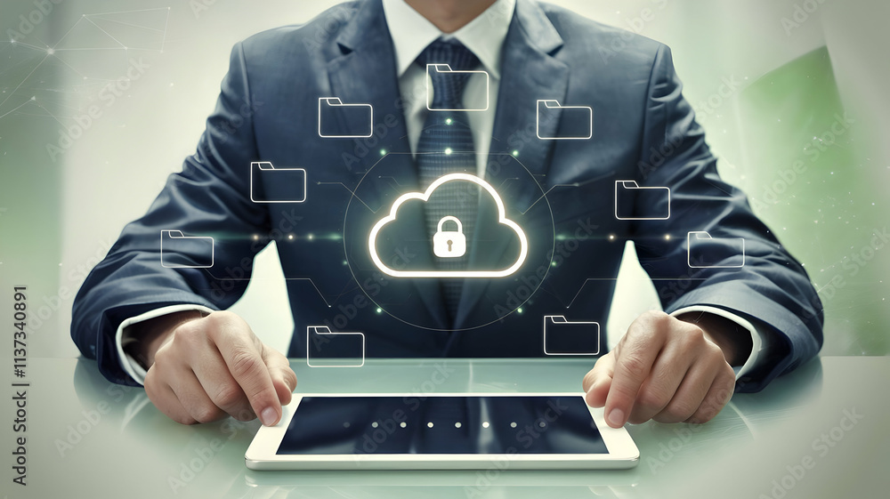 Poster secure cloud data: a businessman confidently uses a tablet, showcasing a secure cloud icon with a pa