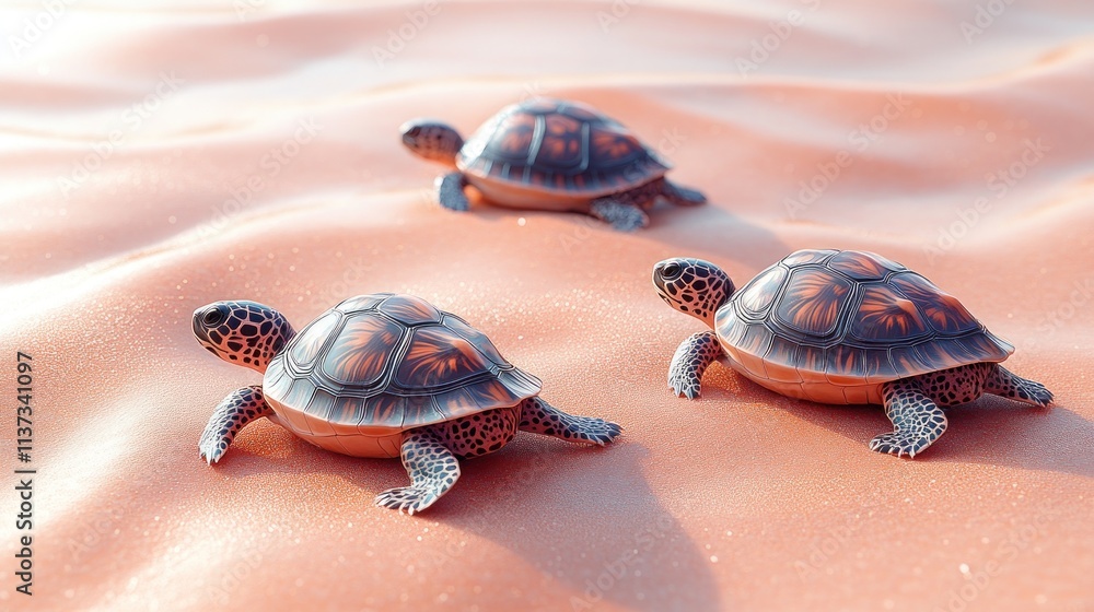 Poster three turtles on a sandy surface, showcasing their intricate shell patterns and textures.