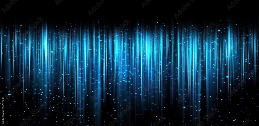 Poster a vibrant blue digital background featuring vertical lines and particles, creating a sense of depth 