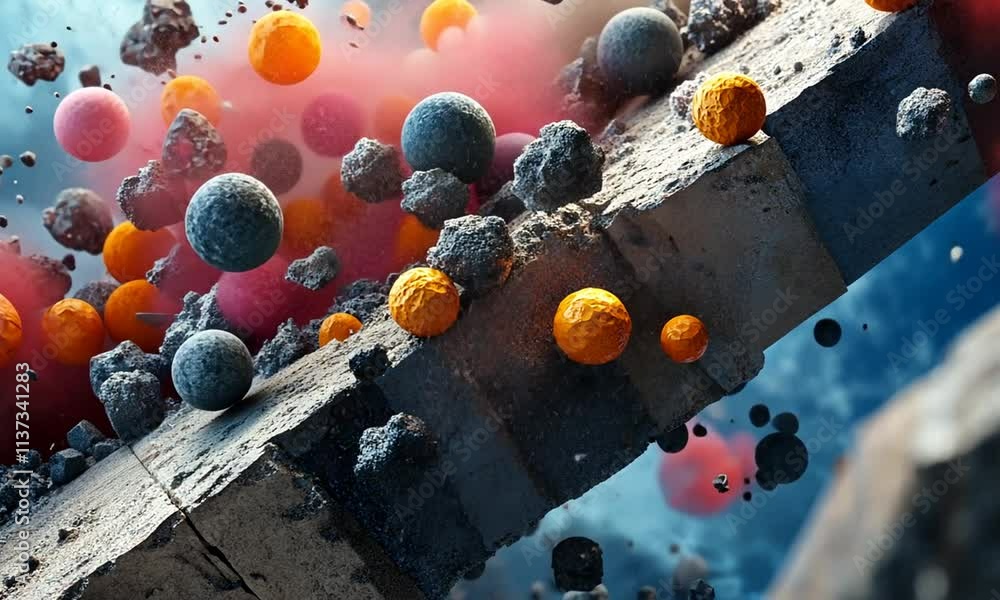 Poster abstract depiction of particles and textures in a dynamic, colorful environment.