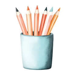 Colorful pencils in a light blue holder against a black background. transparent background