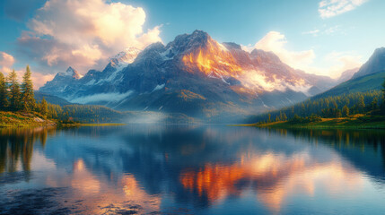 Fototapeta premium The sun shines on the snow capped mountains, and the reflection in the lake