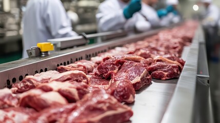 A meat processing facility with cuts of meat on a conveyor belt.