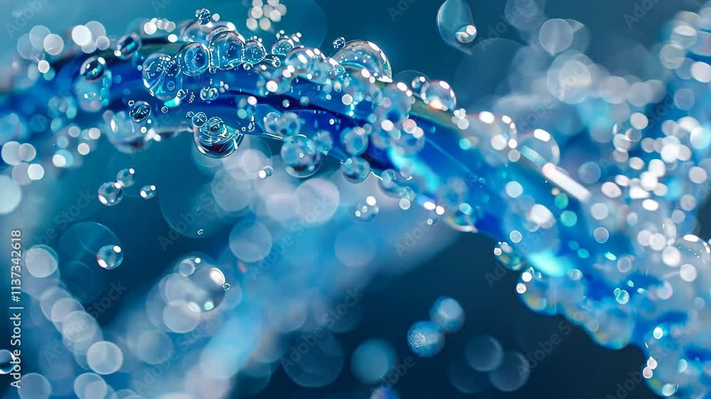 Poster droplets and bubbles burst and collide in a vibrant blue space, creating a mesmerizing display of mo