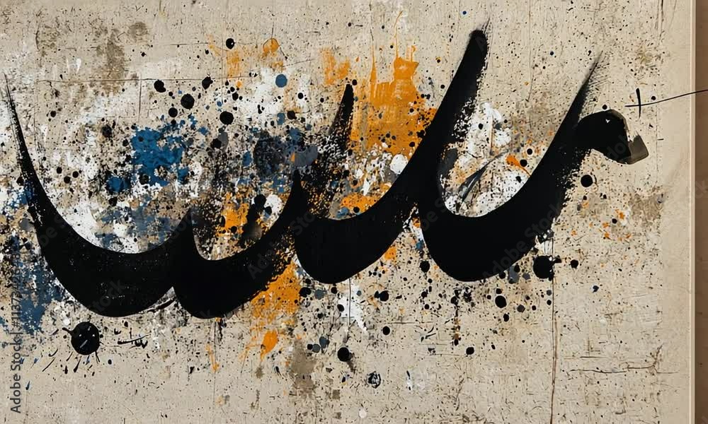 Poster abstract artwork featuring dynamic black shapes and colorful splatters on a textured background.