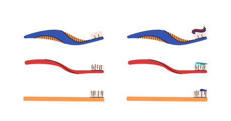 Collection of toothbrushes and toothpaste on a white background. Dentistry concept, oral care. Different toothbrushes designs with different paste. Teeth cleaning accessories. Colorful vector set