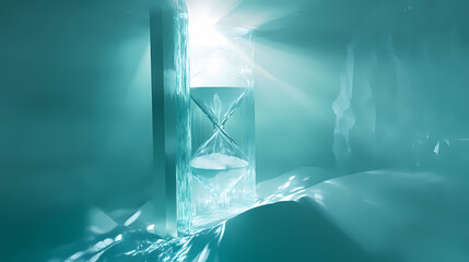 Naklejka premium Elegant crystal hourglass suspended in serene aquamarine void sand particles frozen midfall soft ambient light minimalist composition time concept visualization. Beryl. Illustration