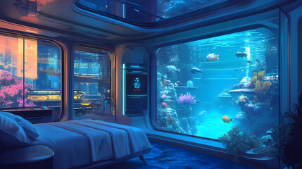 Futuristic underwater dream. high-tech underwater hotel offering stunning panoramic views. Beryl. Illustration