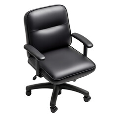Sleek black office chair with padded seat and armrests, set against a dark background. transparent background