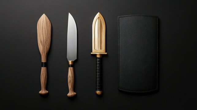 Three knives and a knife block are shown on a black background