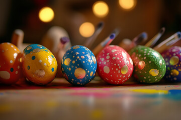 Close-up of painted Easter eggs with intricate patterns, eco-friendly dyes, earthy tones, soft daylight on rustic wooden background, handcrafted aesthetic