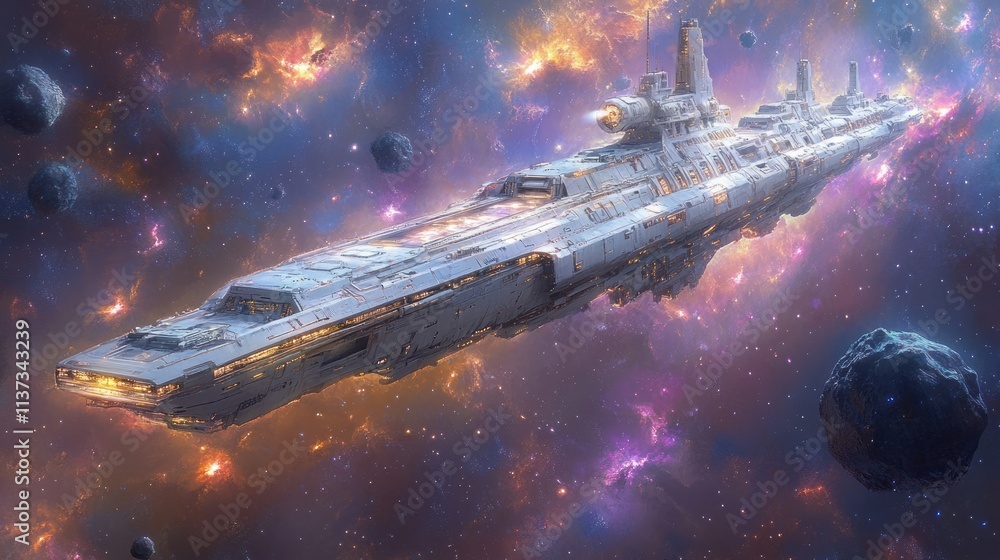 Aufkleber a futuristic spaceship navigating through a colorful cosmic environment filled with stars and astero