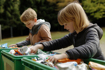 Children sorting recyclables in green bins outdoors