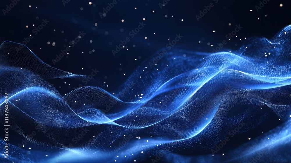 Poster a mesmerizing abstract design featuring flowing blue waves and sparkling elements against a dark bac