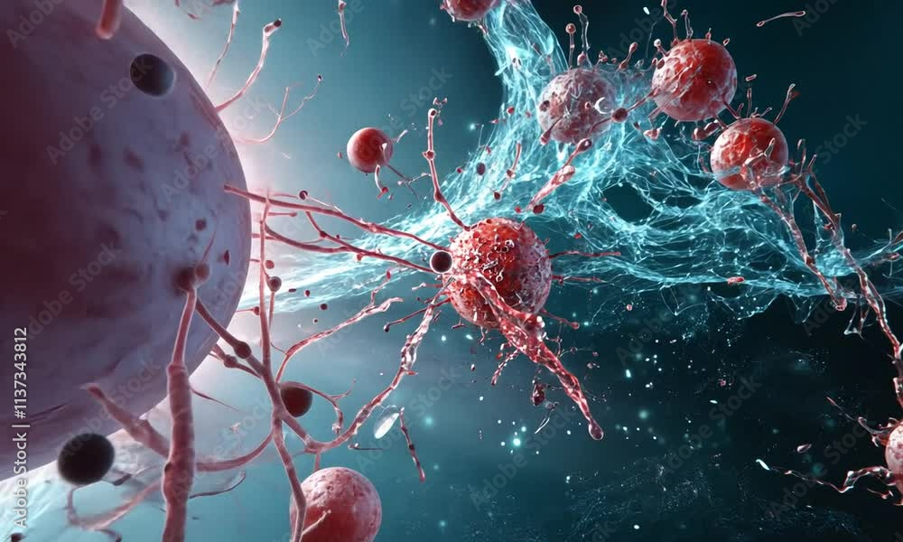 Poster a vibrant depiction of cellular structures and interactions in a microscopic environment.