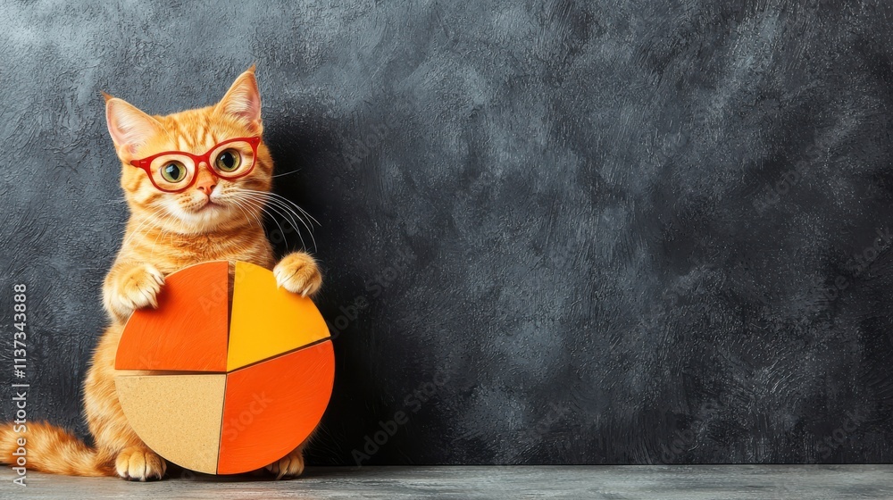 Poster Collaborative business meeting with a cat holding a pie chart in a modern office environment for visual data representation