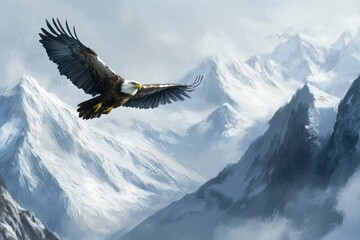 Obraz premium A majestic eagle soars over snow-capped mountains in a serene landscape.
