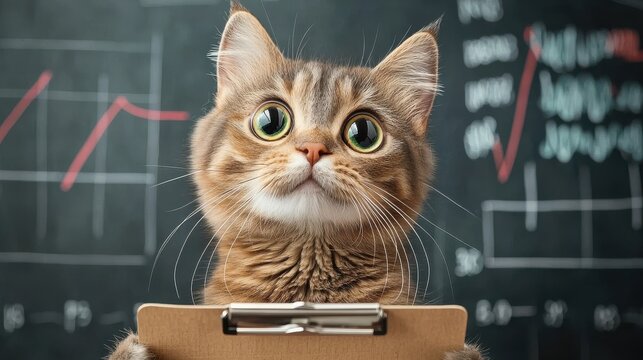 Business cat holding clipboard in standard office setting engaging in corporate analysis detailed environment with graphs and charts for seo impact