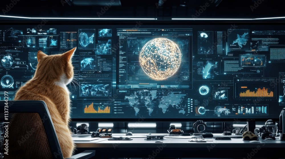 Poster business cat leading a high-tech team meeting in a futuristic office environment for enhanced produc