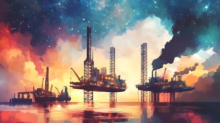 Obraz premium Offshore oil rigs at sunset under a starry sky.