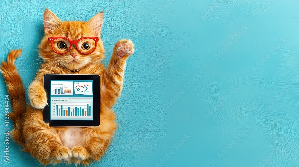 Aufkleber business cat pointing at tablet displaying financial standards office environment digital content pr
