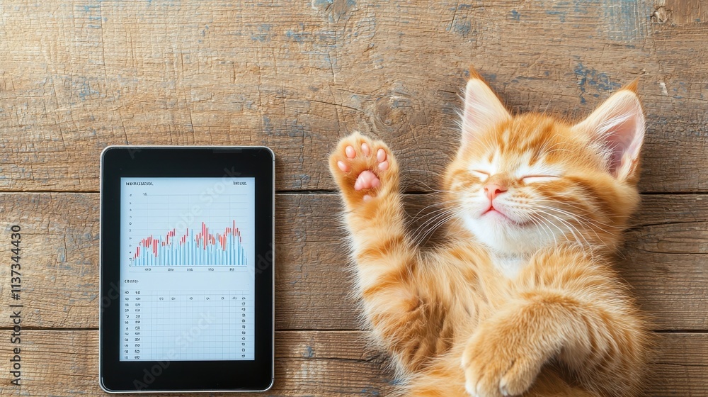 Poster Business cat pointing at tablet displaying financial standards office setting digital content professional environment close-up view finance concept for enhanced seo visibility