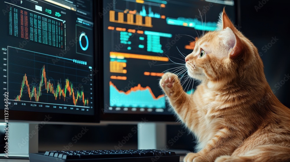 Leinwandbilder Curious cat analyzing complex graphs on multiple computer screens in a standard office setting
