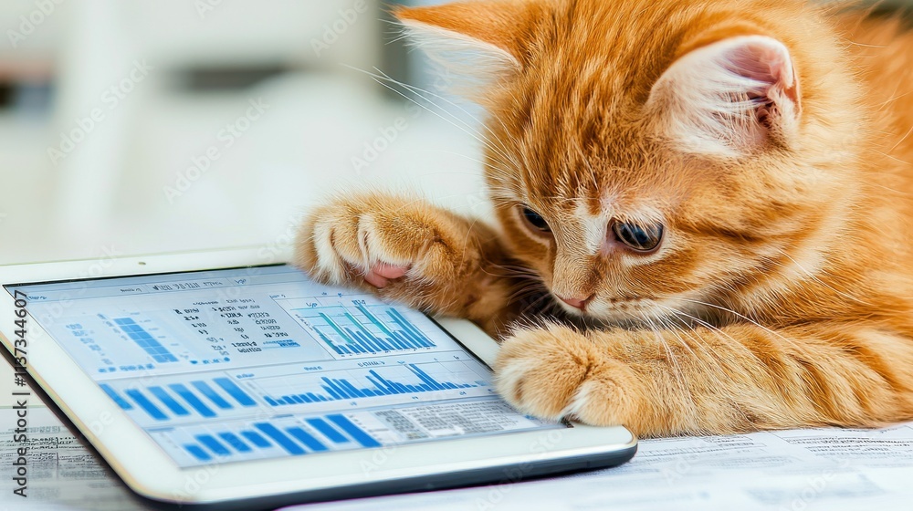 Poster Business cat analyzing financial data on tablet in office setting digital content engaging viewpoint for increased productivity