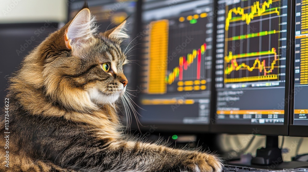 Leinwandbilder Cat analyzing graphs on multiple computer screens in an office environment for data insights