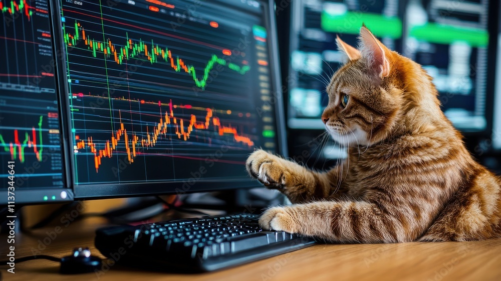 Fototapete Cat analyzing data on multiple computer screens in office environment graphical analysis technology and animals concept