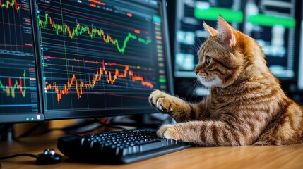 Cat analyzing data on multiple computer screens in office environment graphical analysis technology and animals concept