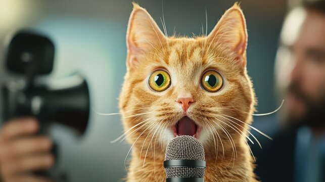 A cat in a suit conducting an interview with a journalist in a modern office setting humorous content featuring feline charisma