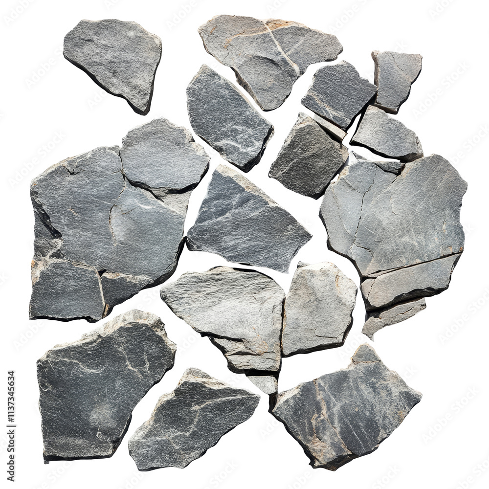 Poster arrangement of broken gray stone pieces on a transparent surface showcasing unique textures and shap