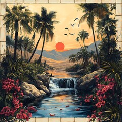 Exotic Sunset Tropical River Calm Birds Vibrant Plants Nature Reflection Art