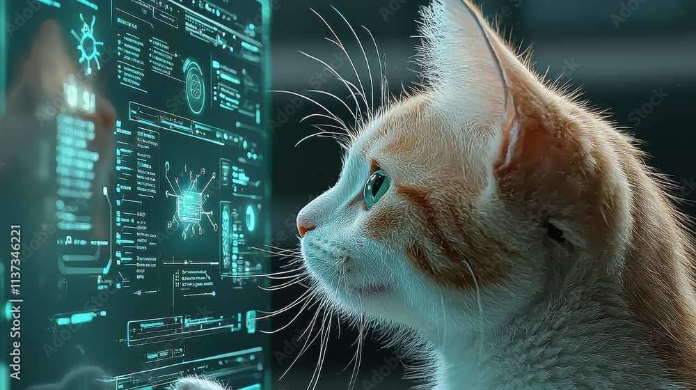 Aufkleber a cat presenting a futuristic business strategy on an edfb standard in a high-tech environment for i