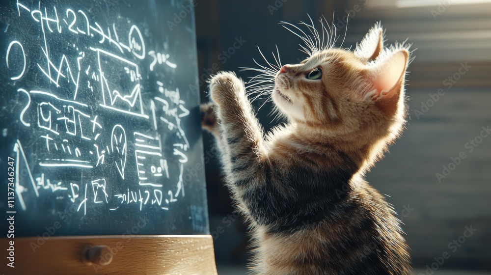 Poster cat presenting futuristic business strategy on edfb standard office environment educational content 