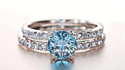 Aquamarine stacked banner engagement rings 3d render platinum front. Beryl. Illustration