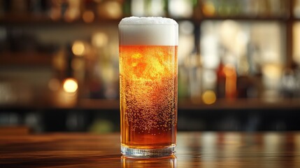 Pint of light beer with foam on bar counter.