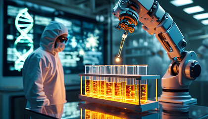 Robotic Arms Handling Glowing Test Tubes in a High Tech Lab