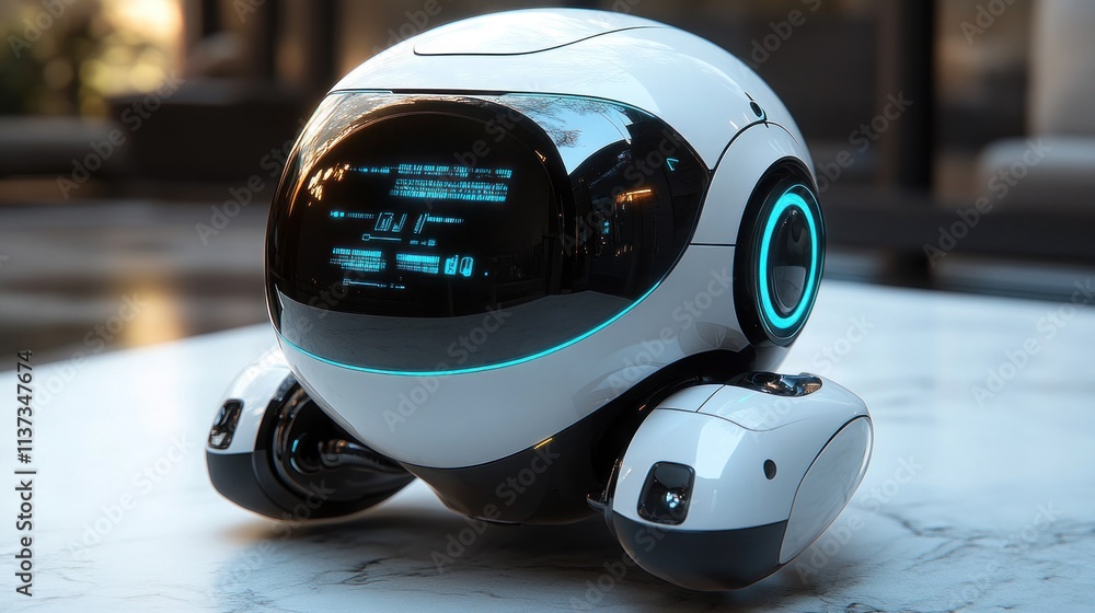 Aufkleber a futuristic robot with a sleek design, featuring a digital interface and rounded shape.