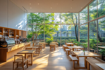 Modern cafe interior with wooden furniture and garden view.