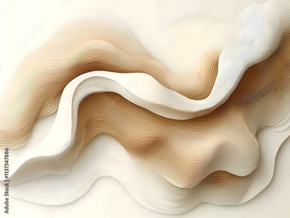 Poster an abstract wave of smooth, flowing lines in soft beige and cream tones, creating a serene and moder