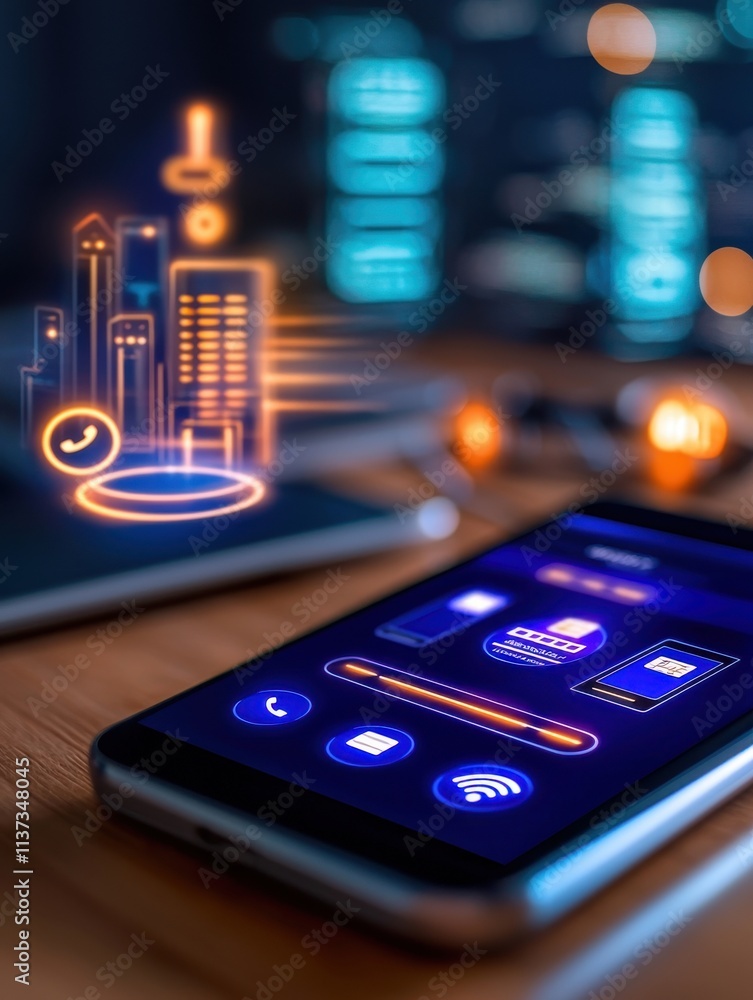 Poster mobile payment integration concept. smartphone displaying futuristic urban digital interface concept