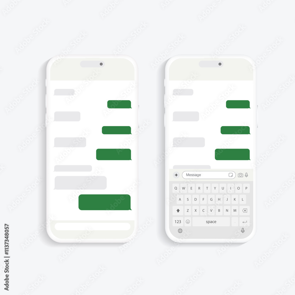 Poster Modern Smartphone Messaging Interface: Empty Text Message Boxes and Bubbles with QWERTY Keyboard on Mobile Devices. Vector.