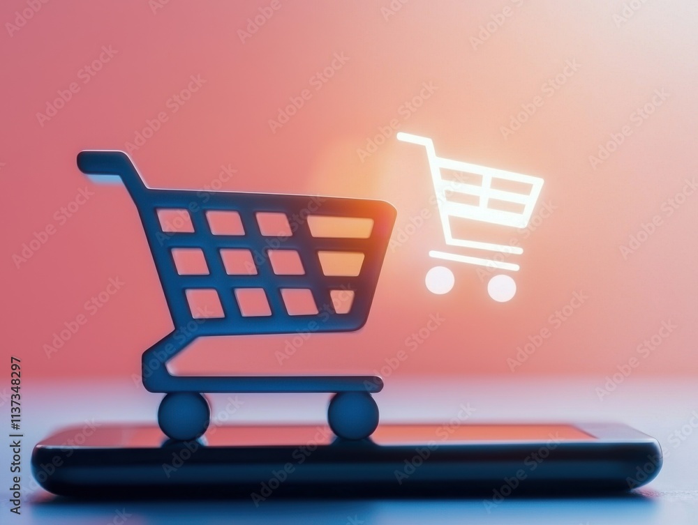 Poster mobile payment integration concept. shopping cart icon displayed on a smartphone screen.